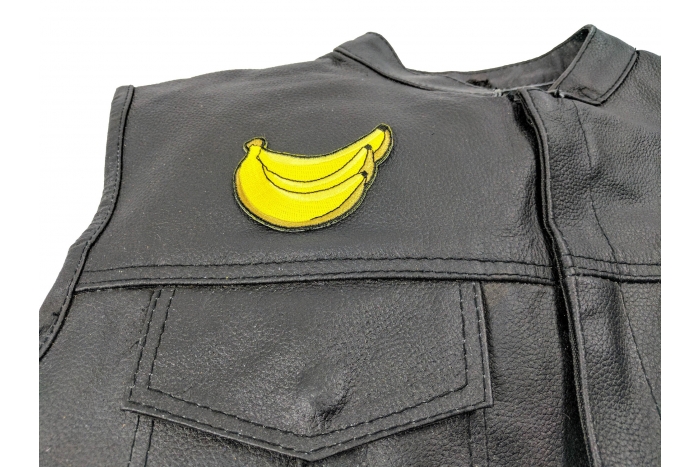 Bananas Patch - 3x2.6 inch. Embroidered Iron on Patch shown on leather vest
