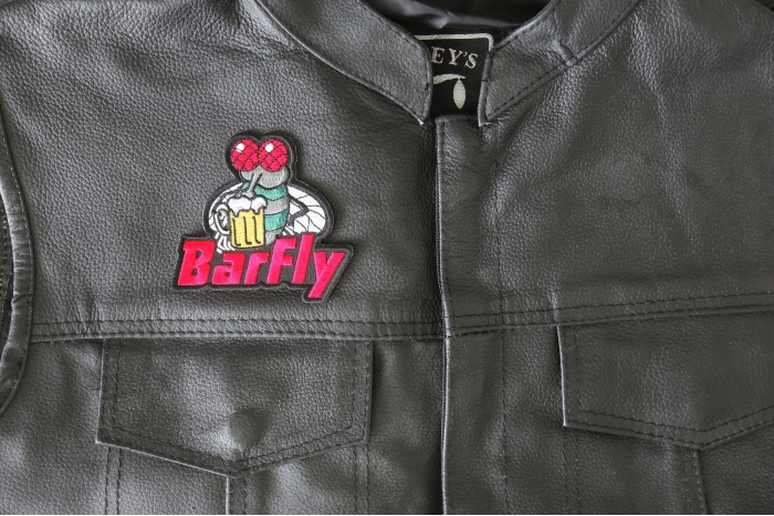 Barfly Patch - 3.5x3.2 inch - Embroidered Iron on Patch shown on leather vest