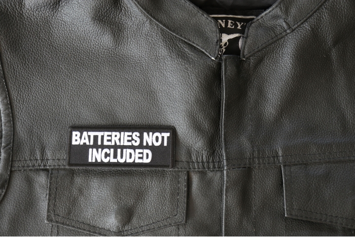 Batteries not Included Patch, Funny Saying Patches shown on leather vest