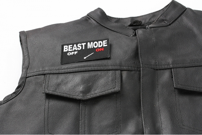 Beast Mode Mode On Patch - 3.5x2 inch. Embroidered Iron on Patch shown on leather vest