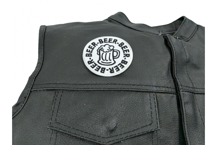 Beer Beer Beer Patch - 3x3 inch. Embroidered Iron on Patch shown on leather vest