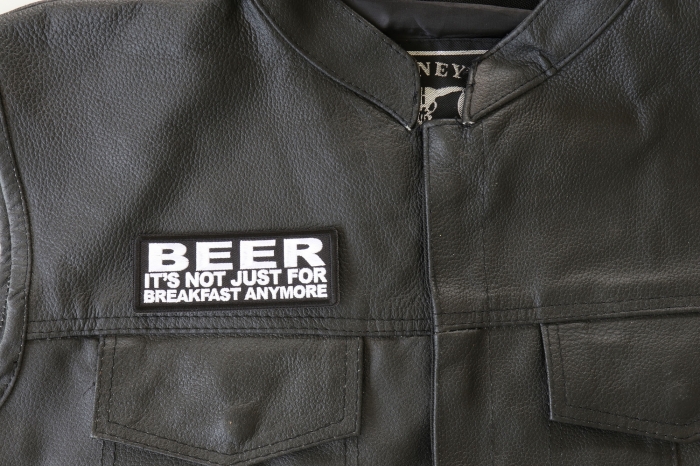 Beer It's Not Just for Breakfast Anymore Patch, Funny Saying Patches shown on leather vest