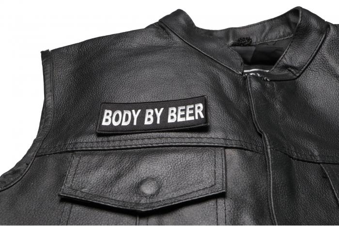 Body by Beer Patch - 4x1.5 inch. Embroidered Iron on Patch shown on leather vest