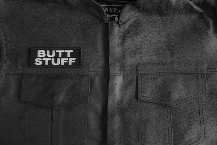 Butt Stuff Patch shown on leather vest
