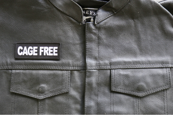 Cage Free Patch, Funny Saying Patches, Sew or Iron on Patch shown on leather vest