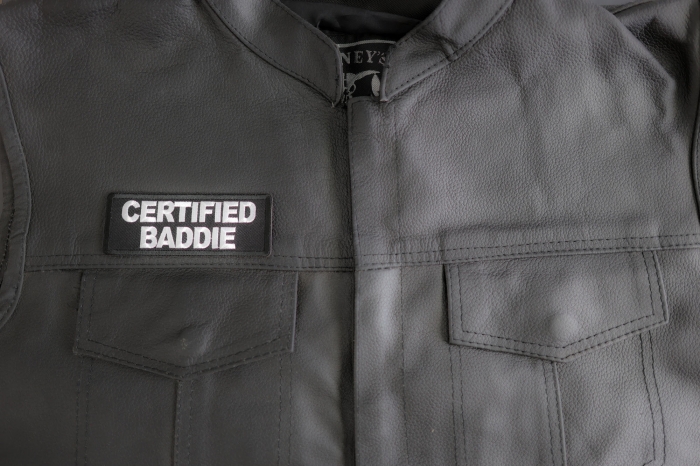 Certified Baddie Patch shown on leather vest