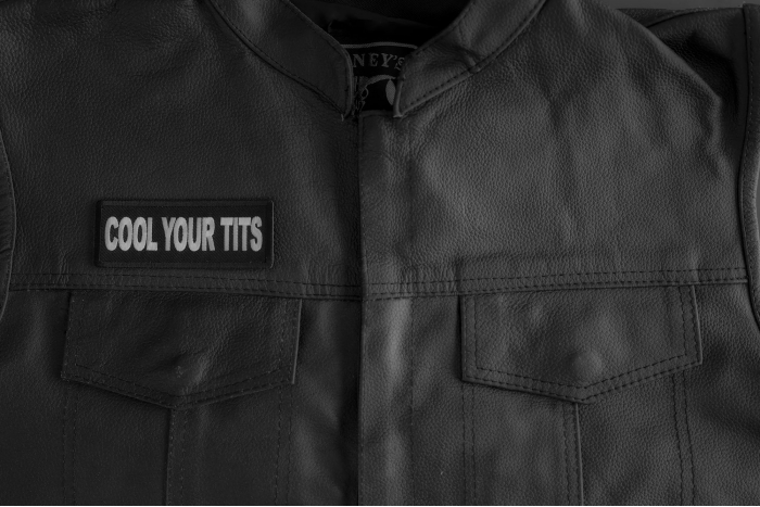 Cool Your Tits Patch shown on leather vest