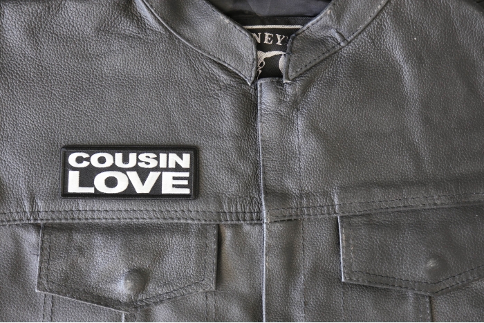 Cousin Love Patch, Funny Saying Patches shown on leather vest