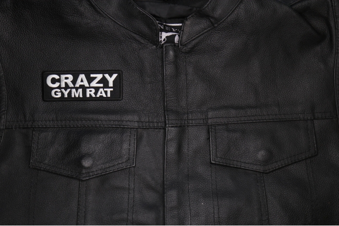 Crazy Gym Rat Patch shown on leather vest