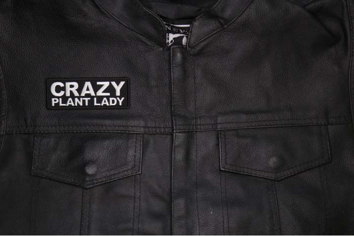 Crazy Plant Lady Patch shown on leather vest