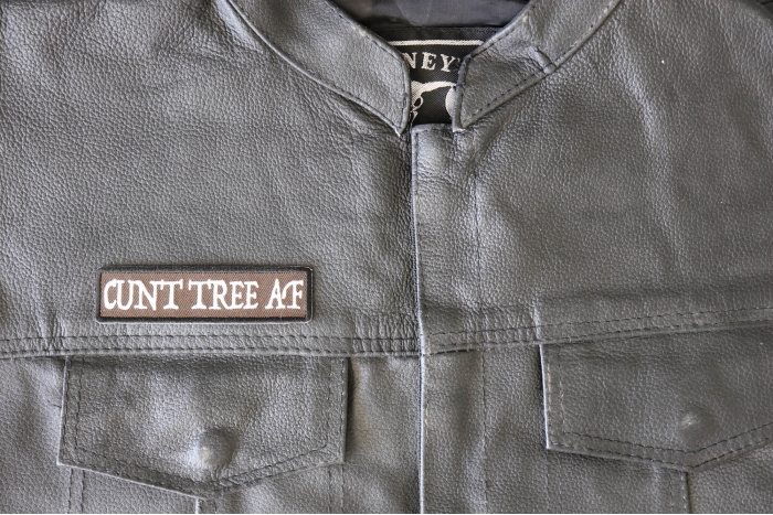 Cunt Tree AF Patch - 4x1 inch - Embroidered Iron on Patch shown on leather vest