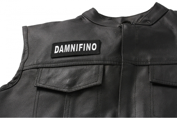 Damnifino Patch - Damn If I Know - Iron on Patch - 4x1.5 inch shown on leather vest