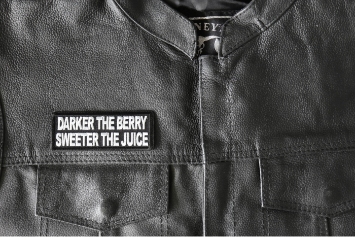 Darker the Berry Sweeter The Juice Patch - 4x1.5 inch - Embroidered Iron on Patch shown on leather vest