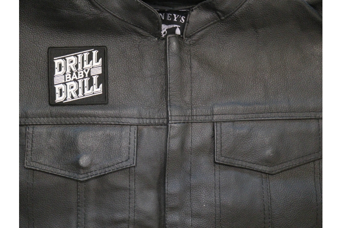 Drill Baby Drill Patch shown on leather vest