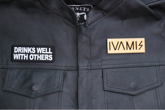 Drinks Well with Others Patch, Funny Saying Patches, Sew or Iron on shown on leather vest