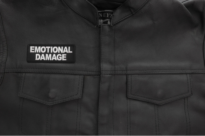 Emotional Damage Patch shown on leather vest
