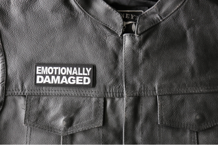 Emotionally Damaged Patch, Funny Saying Patches, Sew or Iron on Patch shown on leather vest
