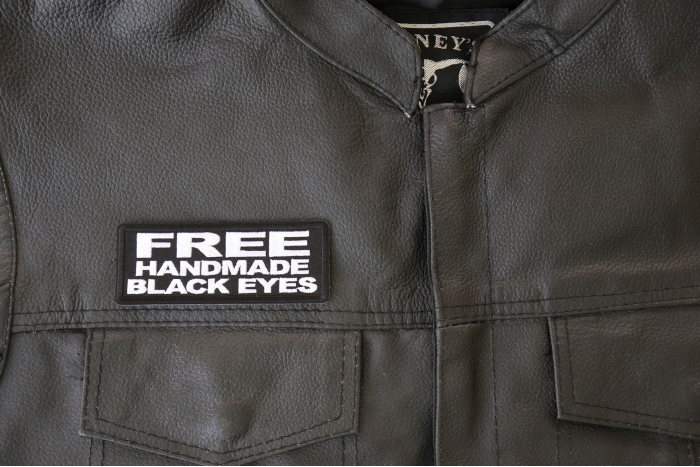 Free Handmade Black Eyes Patch, Funny Saying Patches shown on leather vest