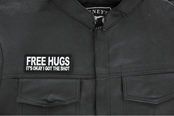 Free Hugs It's Okay I got the Shot Patch, Funny Saying Patches shown on leather vest