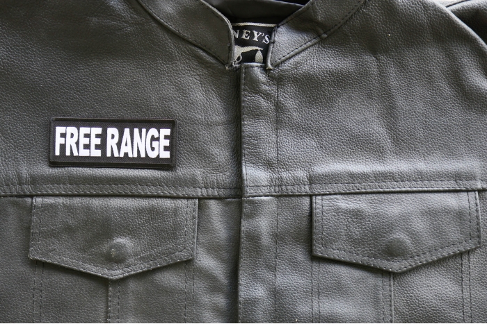 Free Range Patch, Funny Saying Patches, Sew or Iron on Patch shown on leather vest