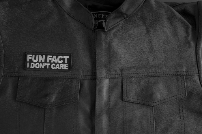 Fun Fact I Don't Care Patch shown on leather vest