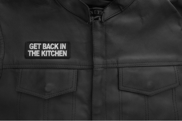 Get back in the kitchen patch shown on leather vest