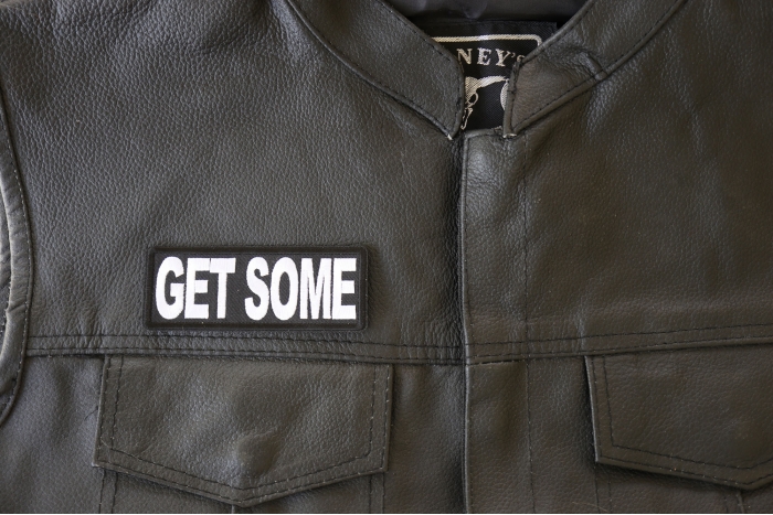 Get Some Patch, Military Saying Patches shown on leather vest