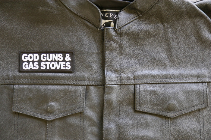God Guns and Gas Stoves Patch, Funny Saying Patches shown on leather vest