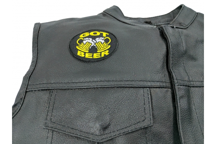 Got Beer Patch - 3x2.25 inch. Embroidered Iron on Patch shown on leather vest
