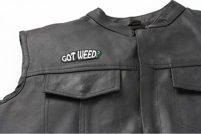 Got Weed Patch - 3x1 inch. Embroidered Iron on Patch shown on leather vest
