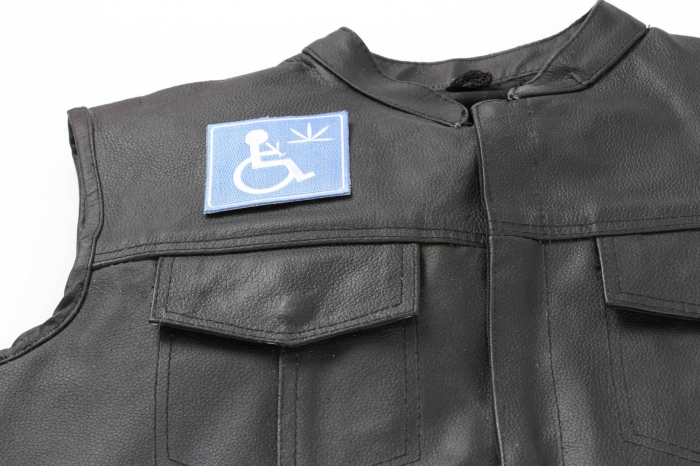 Handicap Stoner With Bong Patch - 3x3 inch. Embroidered Iron on Patch shown on leather vest