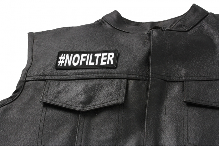 Hashtag No Filter Patch - 4x1.5 inch. Embroidered Iron on Patch shown on leather vest
