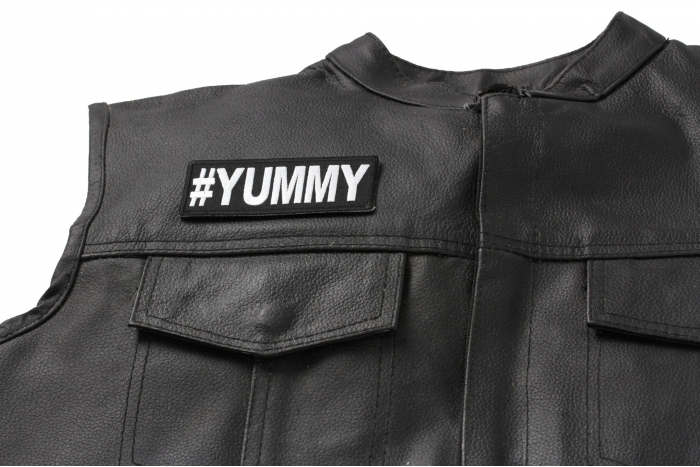 Hashtag Yummy Patch - Iron on Patch - 4x1.5 inch shown on leather vest