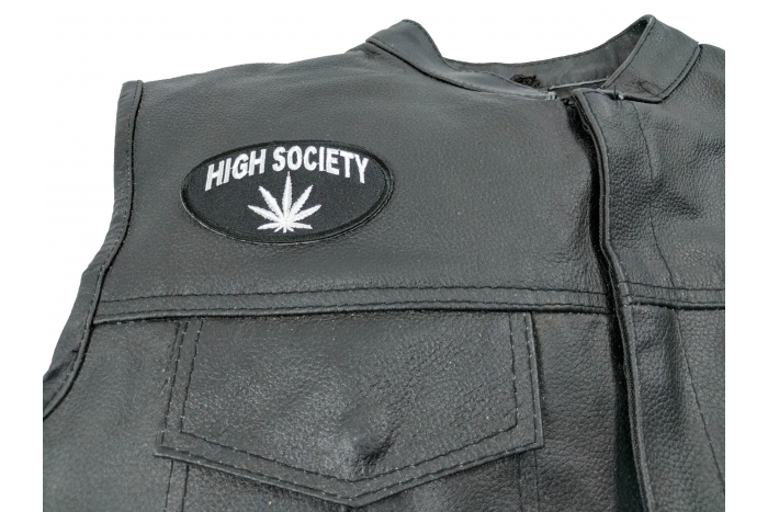 High Society Patch - 3.5x2 inch. Embroidered Iron on Patch shown on leather vest