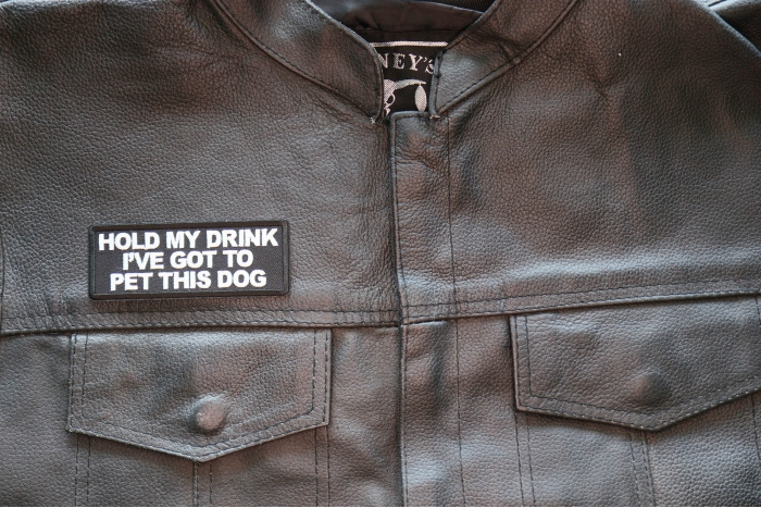 Hold My Drink I've Got to Pet this Dog Patch, Funny Saying Patches, Sew or Iron on Patch shown on leather vest