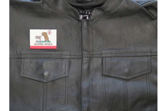 Homeless California Flag Patch shown on leather vest