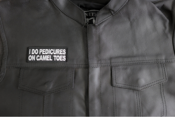 I Do Pedicures On Camel Toes Patch shown on leather vest
