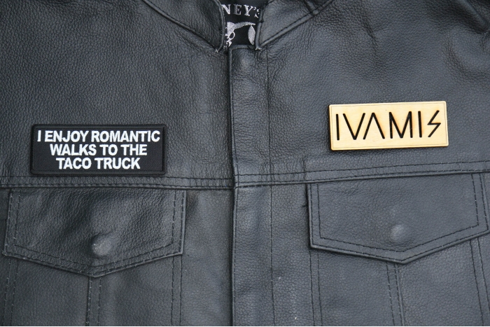 I enjoy Romantic Walks to the Taco Truck Patch, Funny Saying Patches, Sew or Iron on Patch shown on leather vest