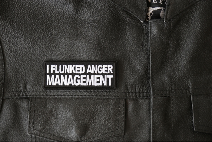 I Flunked Anger Management Patch - 4x1.5 inch - Embroidered Iron on Patch shown on leather vest