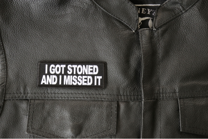 I Got Stoned and I Missed It Patch, Funny Saying Patches, Sew or Iron on Patch shown on leather vest