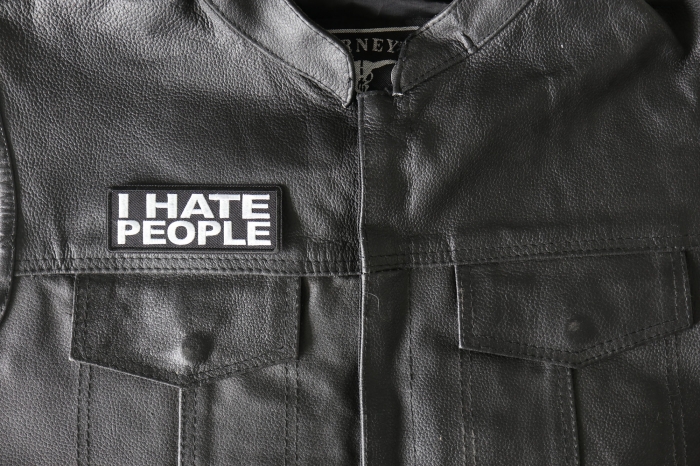 I Hate People Patch - 4x1.5 inch - Embroidered Iron on Patch shown on leather vest