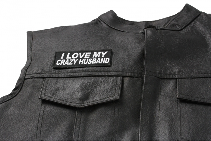 I Love My Crazy Husband Patch - 4x1.5 inch shown on leather vest