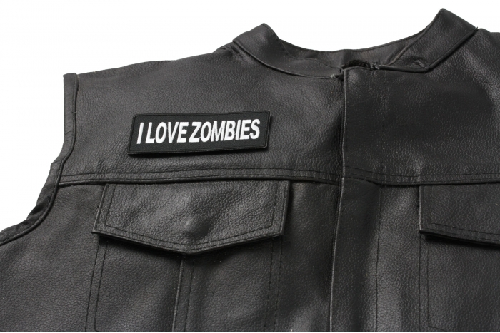 I Love Zombies Patch, Funny Saying Patches shown on leather vest