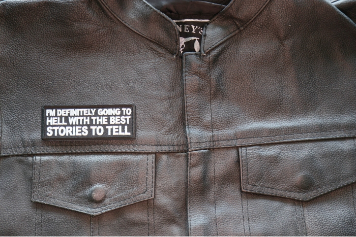 I'm Definitely Going to Hell with The Best Stories to Tell Patch, Funny Saying Patches shown on leather vest
