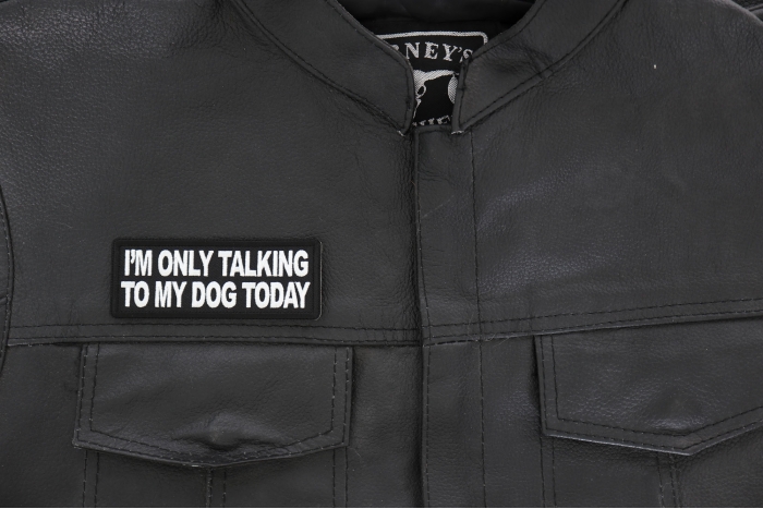 I'm Only Talking to My Dog Today Patch, Funny Saying Patches, Sew or Iron on Patch shown on leather vest