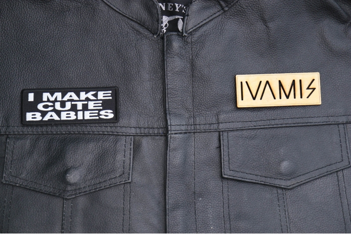 I Make Cute Babies Patch shown on leather vest