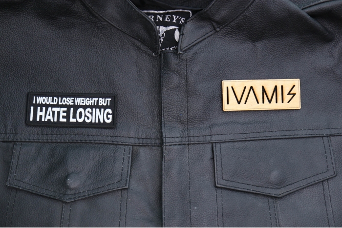 I would lose weight but I hate losing Patch, Funny Saying Patches, Sew or Iron on Patch shown on leather vest