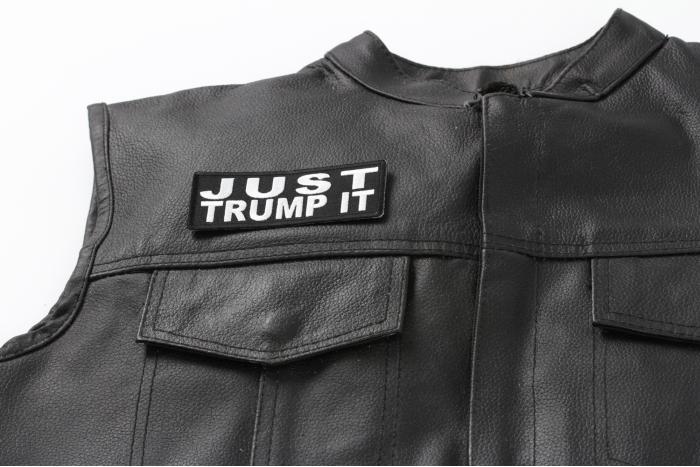 Just Trump It Patch, Funny Saying Patches shown on leather vest