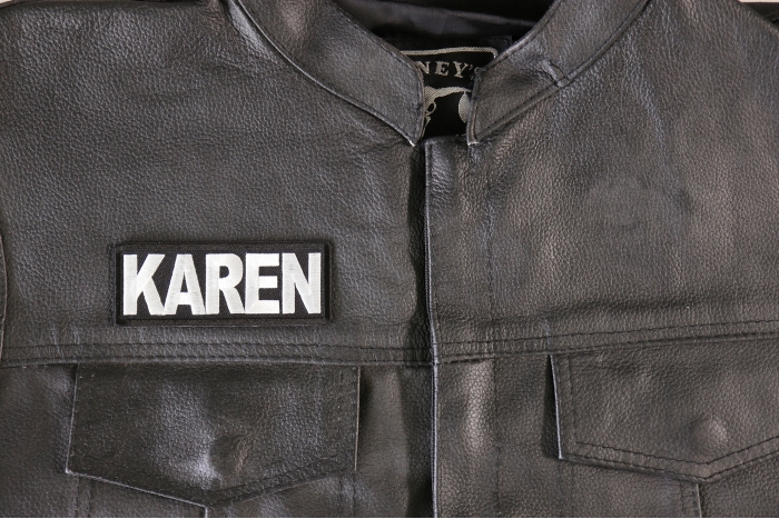 Karen Patch, Funny Saying Patches shown on leather vest