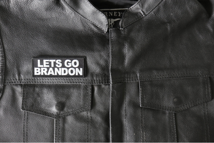 Lets Go Brandon Patch, Patriotic Saying Patches shown on leather vest